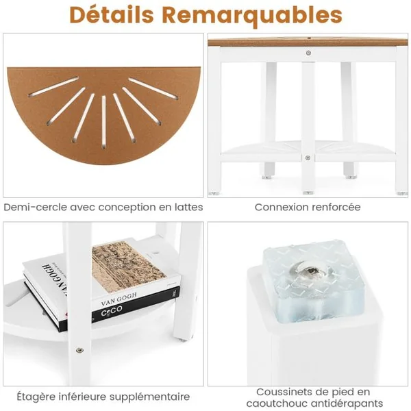 Tabouret Salle de Bain à 2 Niveaux Semi-Circulaire Petit Tabouret de Douche Imperméable Antidérapant avec Étagère Rangement Marron & Blanc