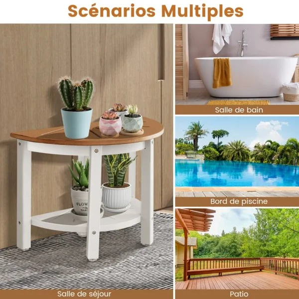 Tabouret Salle de Bain à 2 Niveaux Semi-Circulaire Petit Tabouret de Douche Imperméable Antidérapant avec Étagère Rangement Marron & Blanc