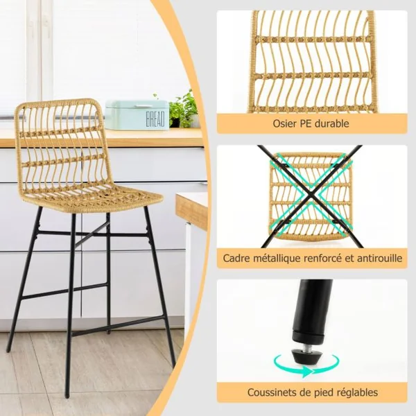 Tabourets de Bar Lot de 2 Dossier en Osier PE Siège en Cuir PU - 69 CM de Haut Style Naturel