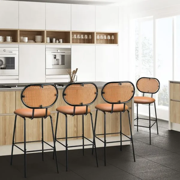 Tabourets de Bar Lot de 2 Dossier en Rotin PE Siège en Cuir PU 75 CM de Haut Style Vintage Marron