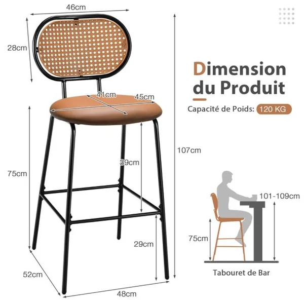 Tabourets de Bar Lot de 2 Dossier en Rotin PE Siège en Cuir PU 75 CM de Haut Style Vintage Marron