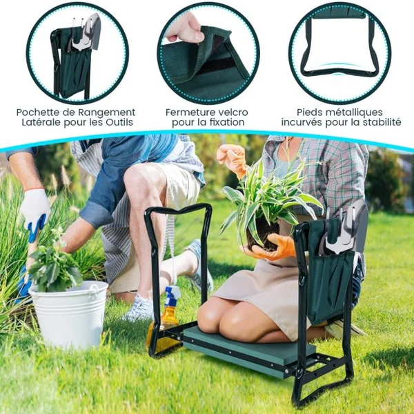 Tabourets de Jardinage Pliable avec Coussin EVA Genouillère de Jardin 2 en 1 Cadre en Métal Siège de Jardinier avec Sac à Outils Supporter Jusqu'à 120KG