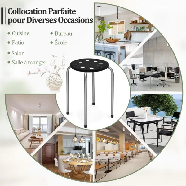 Tabourets Empilables 30 x 40,5 cm (Dia x H) Cadre en Métal Joint en Forme de X Stable pour Cuisine Bistro Multicolore/Gris/Noir