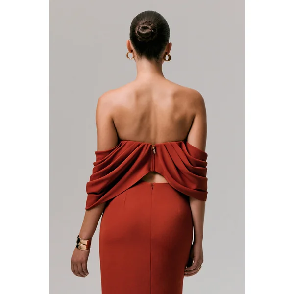 Talika | Crop-top bardot terracotta avec manches drapées