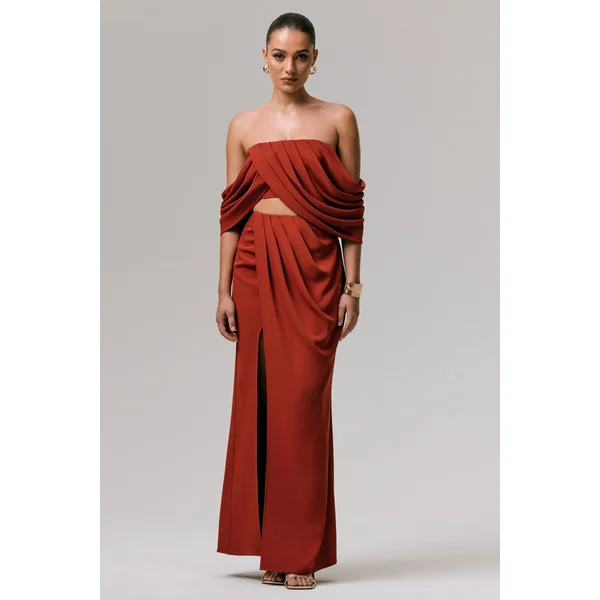 Talika | Crop-top bardot terracotta avec manches drapées