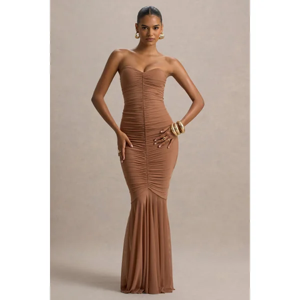 Talisa | Robe Longue Mocha Froncée Style Sirène à Ourlet en Tulle