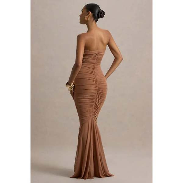 Talisa | Robe Longue Mocha Froncée Style Sirène à Ourlet en Tulle