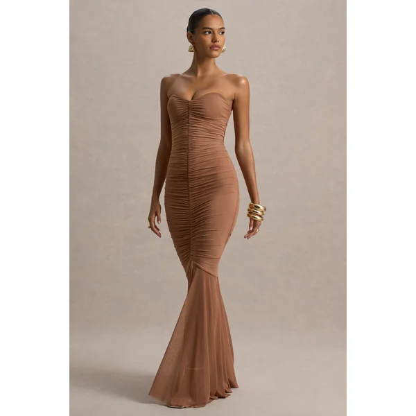 Talisa | Robe Longue Mocha Froncée Style Sirène à Ourlet en Tulle