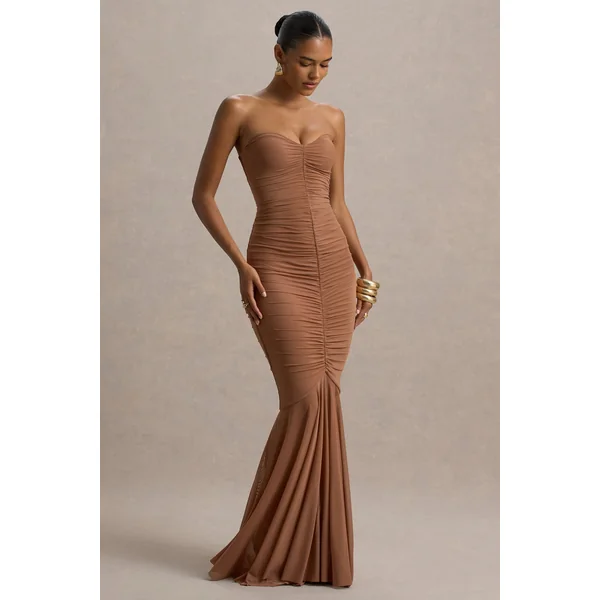 Talisa | Robe Longue Mocha Froncée Style Sirène à Ourlet en Tulle