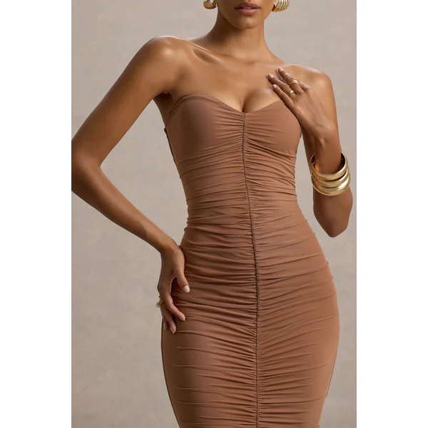 Talisa | Robe Longue Mocha Froncée Style Sirène à Ourlet en Tulle