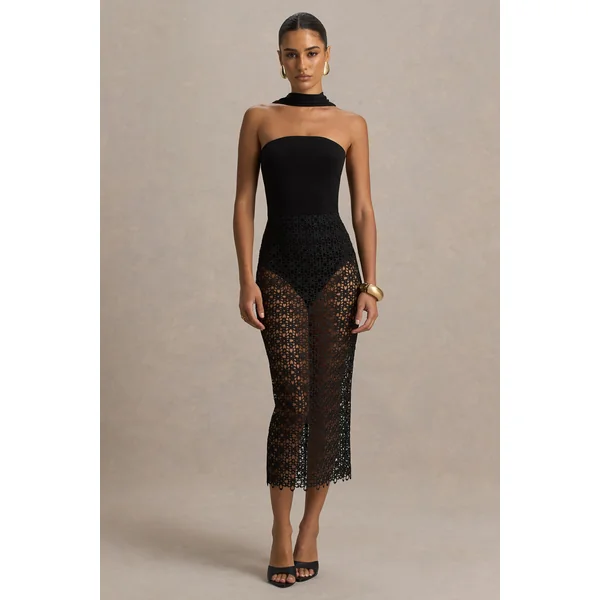 Tamala | Robe mi-longue noire à col montant avec jupe en dentelle