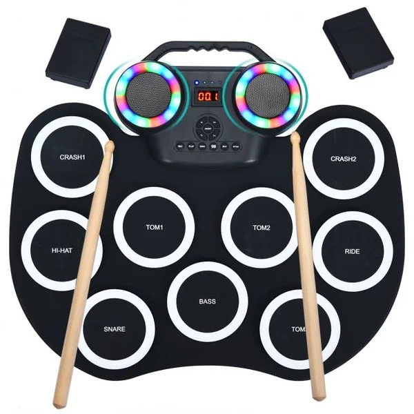 Tambour Electronique Portable 9 Pads de Batterie avec Lumières LED 2 Haut-parleurs 2 Baguettes en Bois Pédales Bluetooth