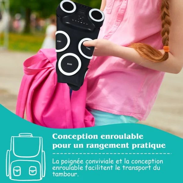 Tambour Electronique Portable 9 Pads de Batterie avec Lumières LED 2 Haut-parleurs 2 Baguettes en Bois Pédales Bluetooth