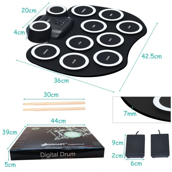 Tambour Electronique Portable 9 Pads de Batterie avec Lumières LED 2 Haut-parleurs 2 Baguettes en Bois Pédales Bluetooth