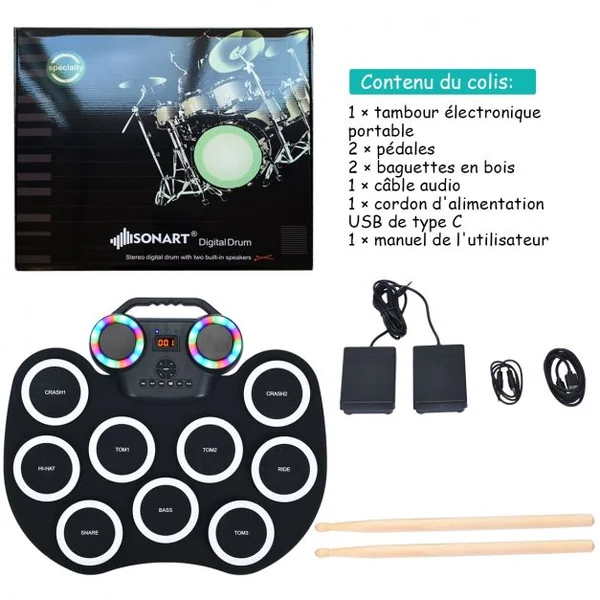 Tambour Electronique Portable 9 Pads de Batterie avec Lumières LED 2 Haut-parleurs 2 Baguettes en Bois Pédales Bluetooth