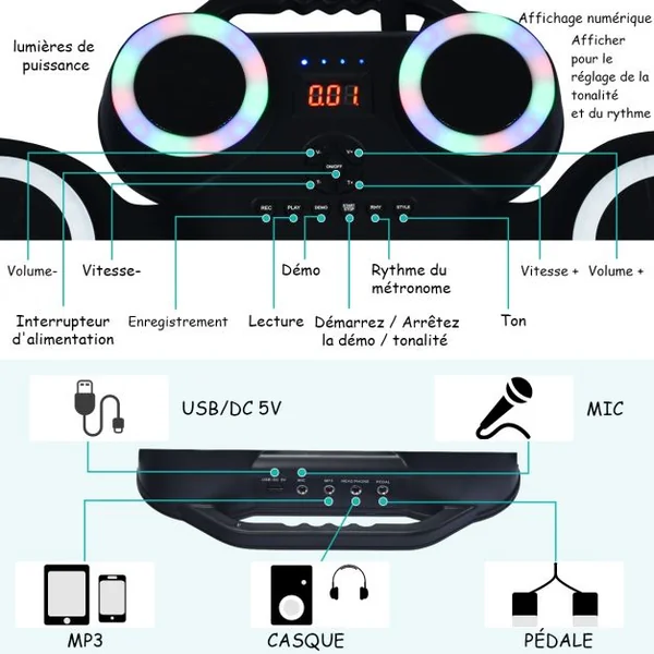 Tambour Electronique Portable 9 Pads de Batterie avec Lumières LED 2 Haut-parleurs 2 Baguettes en Bois Pédales Bluetooth