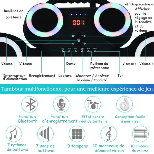 Tambour Electronique Portable 9 Pads de Batterie avec Lumières LED 2 Haut-parleurs 2 Baguettes en Bois Pédales Bluetooth