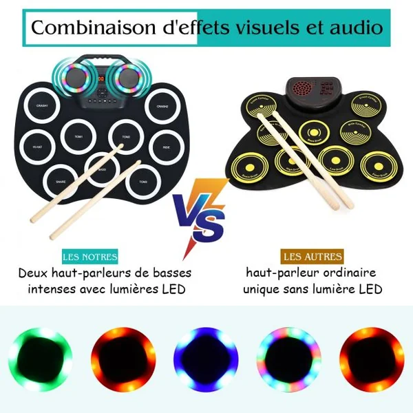 Tambour Electronique Portable 9 Pads de Batterie avec Lumières LED 2 Haut-parleurs 2 Baguettes en Bois Pédales Bluetooth