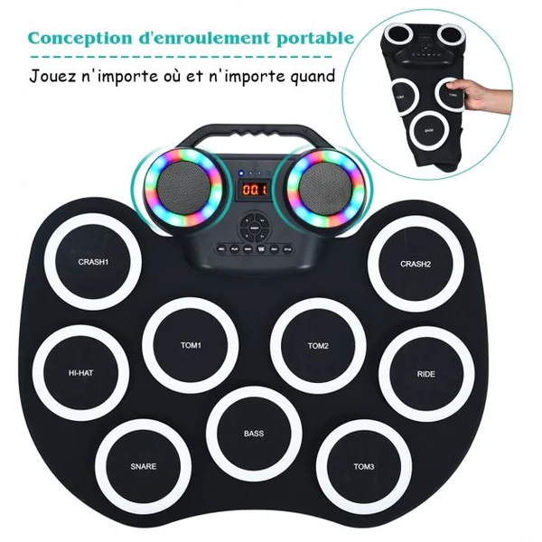 Tambour Electronique Portable 9 Pads de Batterie avec Lumières LED 2 Haut-parleurs 2 Baguettes en Bois Pédales Bluetooth