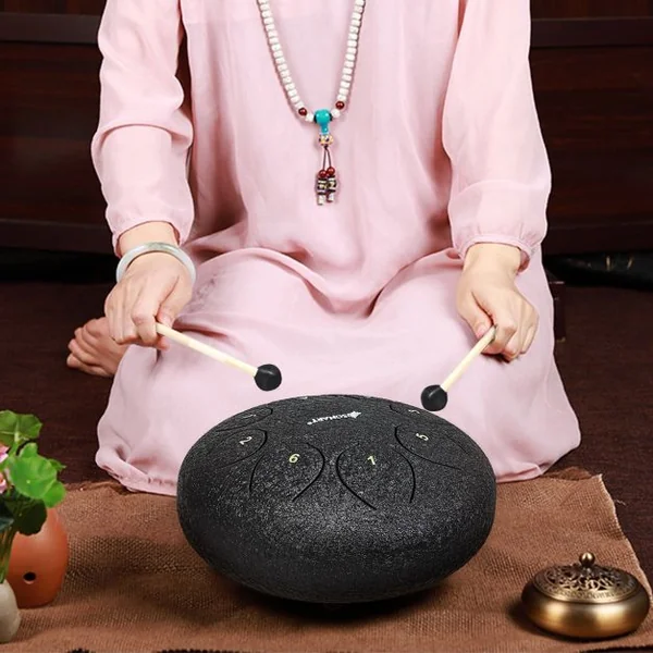 Tambour à Main 8 Tons 10 Pouces pour Musicothérapeutes, Pratique du Yoga avec Accessoires en Acier 26x13,5 cm Noir