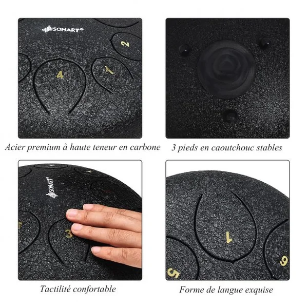 Tambour à Main 8 Tons 10 Pouces pour Musicothérapeutes, Pratique du Yoga avec Accessoires en Acier 26x13,5 cm Noir