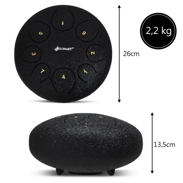 Tambour à Main 8 Tons 10 Pouces pour Musicothérapeutes, Pratique du Yoga avec Accessoires en Acier 26x13,5 cm Noir