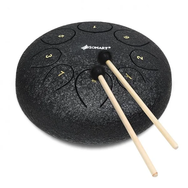 Tambour à Main 8 Tons 10 Pouces pour Musicothérapeutes, Pratique du Yoga avec Accessoires en Acier 26x13,5 cm Noir