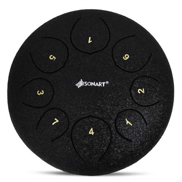 Tambour à Main 8 Tons 10 Pouces pour Musicothérapeutes, Pratique du Yoga avec Accessoires en Acier 26x13,5 cm Noir