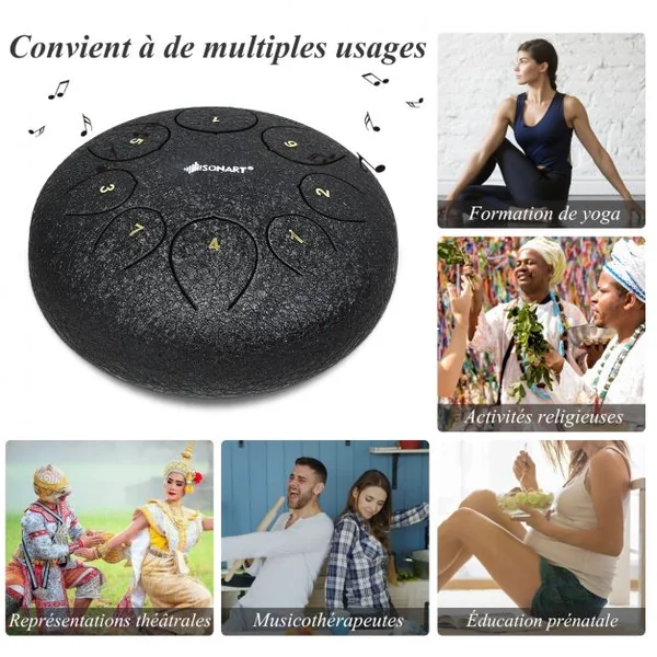Tambour à Main 8 Tons 10 Pouces pour Musicothérapeutes, Pratique du Yoga avec Accessoires en Acier 26x13,5 cm Noir