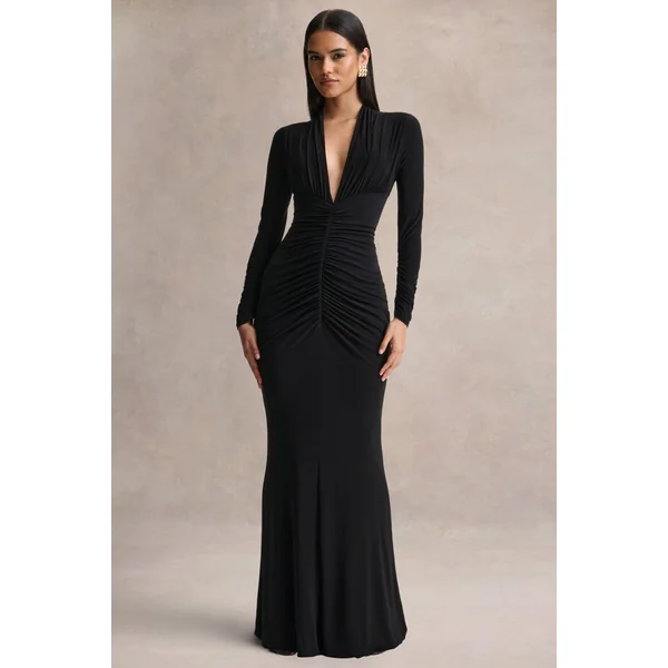 Tami | Robe longue noire à manches longues avec décolleté plongeant