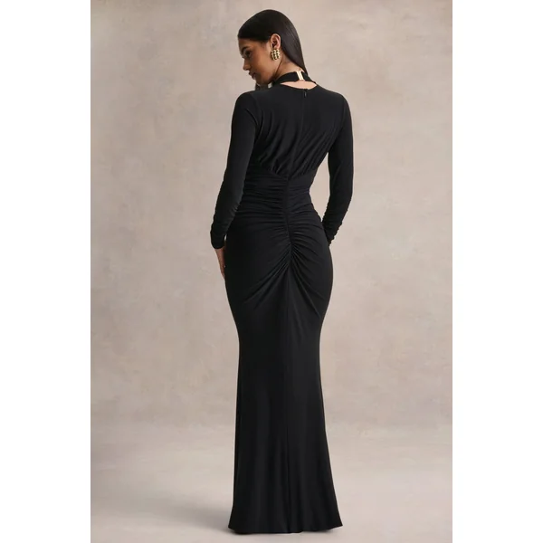 Tami | Robe longue noire à manches longues avec décolleté plongeant