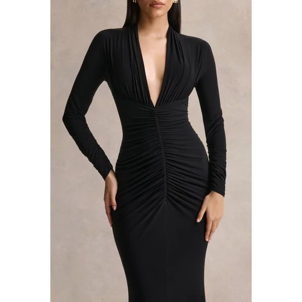 Tami | Robe longue noire à manches longues avec décolleté plongeant