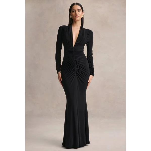 Tami | Robe longue noire à manches longues avec décolleté plongeant