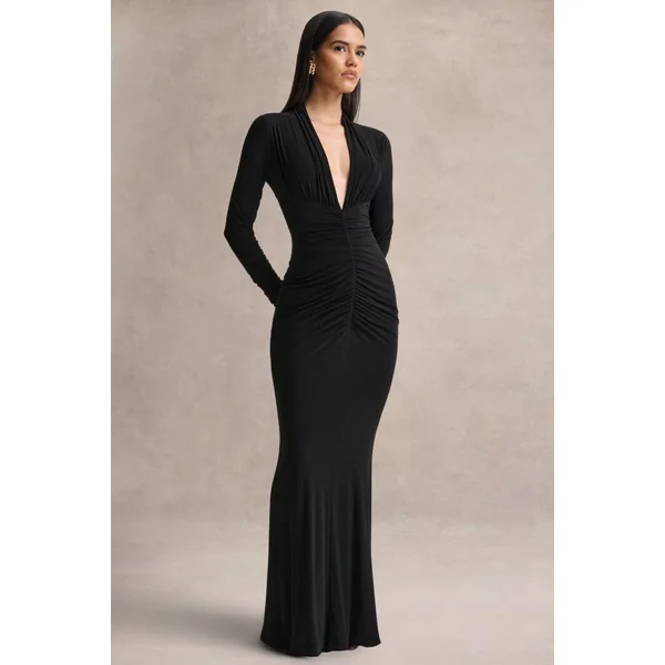 Tami | Robe longue noire à manches longues avec décolleté plongeant