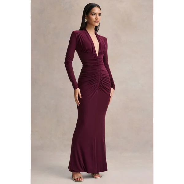 Tami | Robe longue prune à manches longues et décolleté plongeant