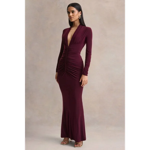 Tami | Robe longue prune à manches longues et décolleté plongeant