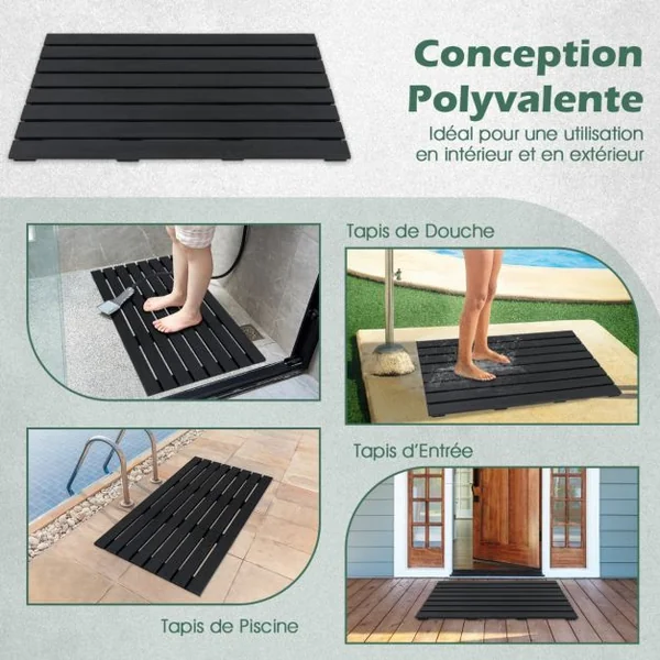 Tapis de Bain Imperméable Grand Tapis de Douche 100 x 60 cm avec Texture Antidérapante Design à Lattes Tapis de Sol WPC Robuste Noir