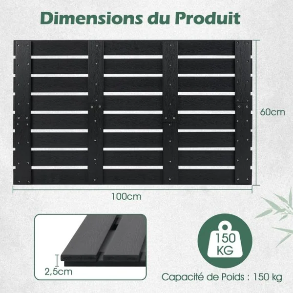 Tapis de Bain Imperméable Grand Tapis de Douche 100 x 60 cm avec Texture Antidérapante Design à Lattes Tapis de Sol WPC Robuste Noir