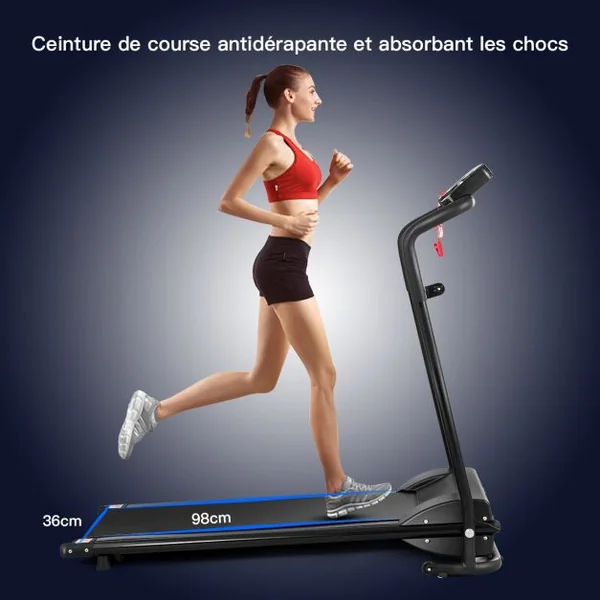 Tapis de Course Electrique Pliable 1 à 10 Km/H 12 Programmes avec Clé de Sécurité Moteur 1.0HP Ecran Multifonctions Fer Noir