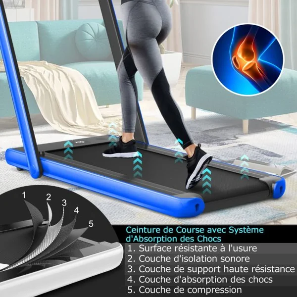 Tapis de Course Pliable 0,75HP Double Affichage LED APP et Télécommande Vitesse Motorisé 12 km/h Surface 40x100cm Bleu