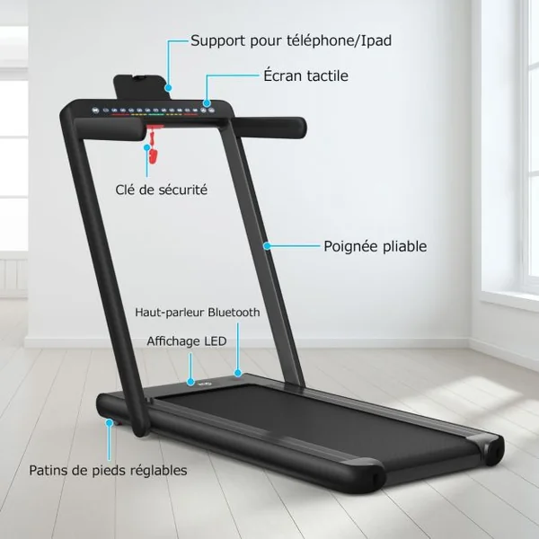 Tapis de Course Pliable 0,75HP Double Affichage LED APP et Télécommande Vitesse Motorisé 12 km/h Surface 40x100cm Noir