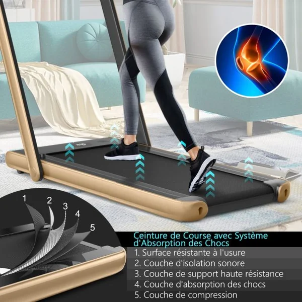 Tapis de Course Pliable 0,75HP Double Affichage LED APP et Télécommande Vitesse Motorisé 12 km/h Surface 40x100cm Or