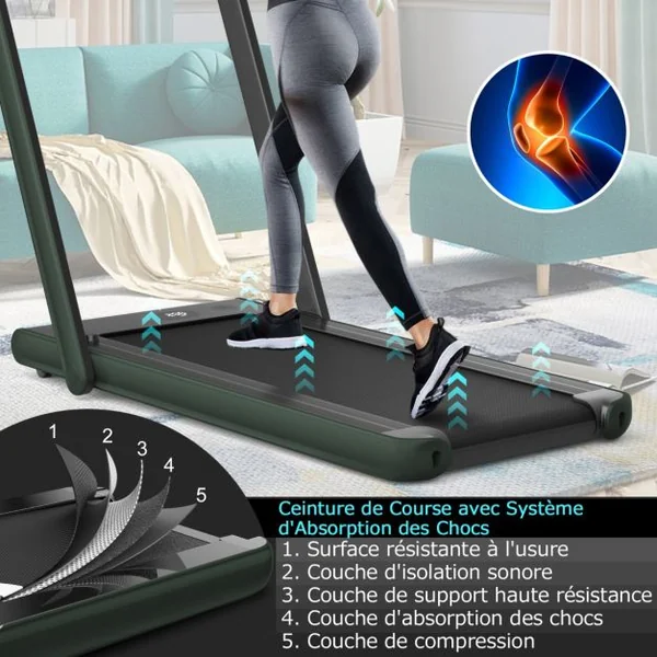 Tapis de Course Pliable 0,75HP Double Affichage LED APP et Télécommande Vitesse Motorisé 12 km/h Surface 40x100cm Vert Foncé