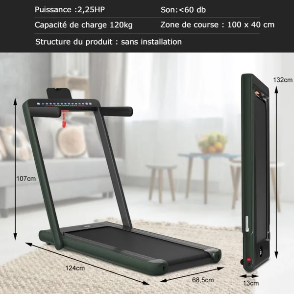 Tapis de Course Pliable 0,75HP Double Affichage LED APP et Télécommande Vitesse Motorisé 12 km/h Surface 40x100cm Vert Foncé