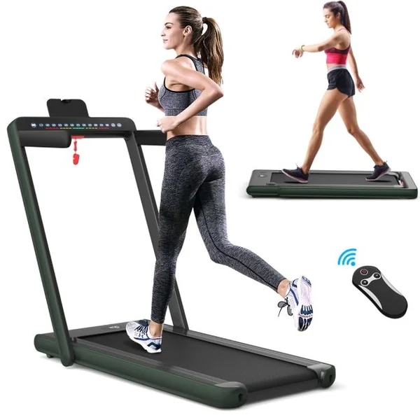 Tapis de Course Pliable 0,75HP Double Affichage LED APP et Télécommande Vitesse Motorisé 12 km/h Surface 40x100cm Vert Foncé