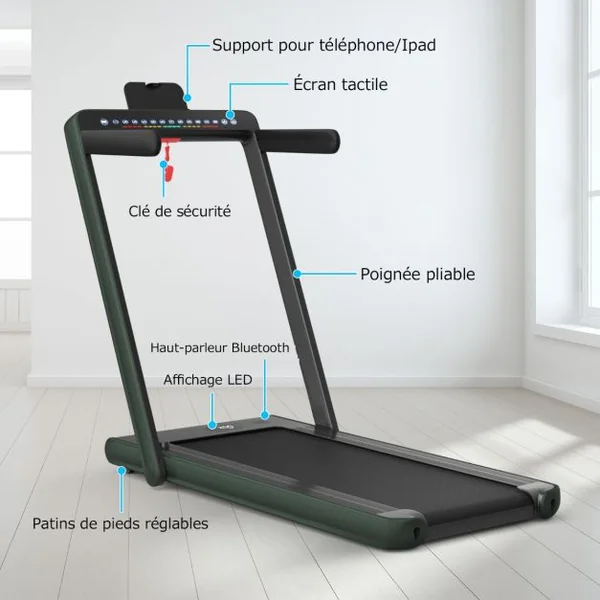 Tapis de Course Pliable 0,75HP Double Affichage LED APP et Télécommande Vitesse Motorisé 12 km/h Surface 40x100cm Vert Foncé