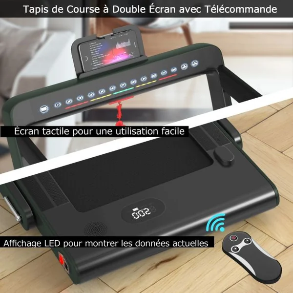 Tapis de Course Pliable 0,75HP Double Affichage LED APP et Télécommande Vitesse Motorisé 12 km/h Surface 40x100cm Vert Foncé