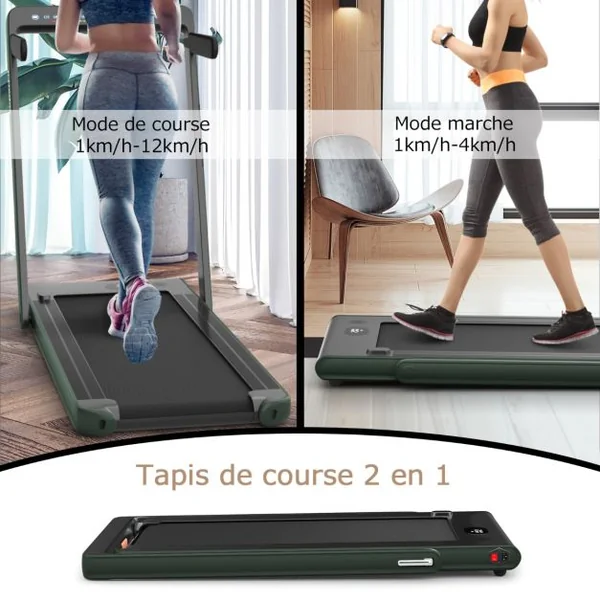 Tapis de Course Pliable 0,75HP Double Affichage LED APP et Télécommande Vitesse Motorisé 12 km/h Surface 40x100cm Vert Foncé