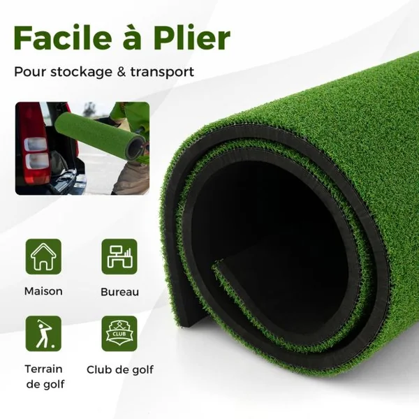 Tapis de Frappe de Golf 152 x 117 cm Épaisseur 19mm Tapis d'Entraînement de Golf avec 2 Positions de Tee et 2 Bâtons d'Alignement 6 Trous de Tee Pré-percés