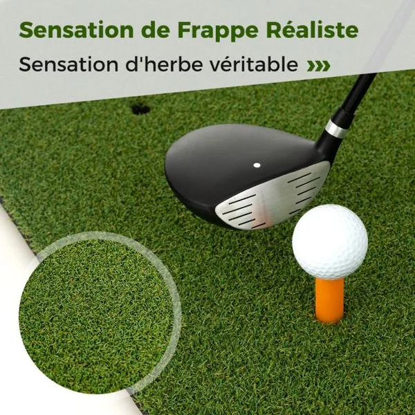 Tapis de Frappe de Golf 152 x 117 cm Épaisseur 19mm Tapis d'Entraînement de Golf avec 2 Positions de Tee et 2 Bâtons d'Alignement 6 Trous de Tee Pré-percés